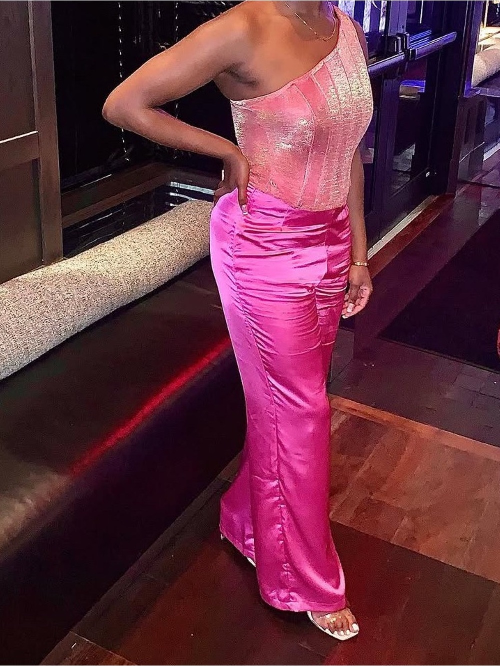 PrettyLittleThing One-Shoulder Top and Satin Pants Set